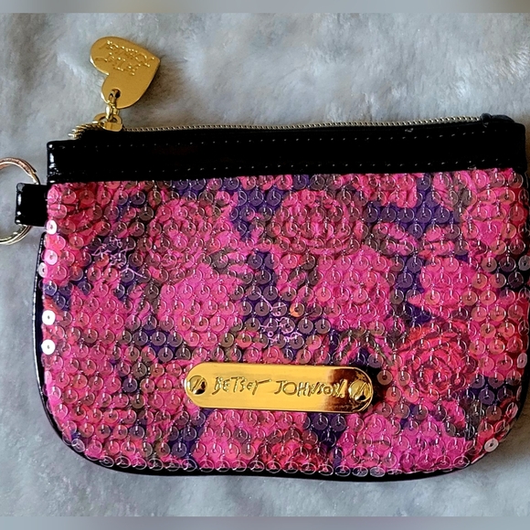 Betsey Johnson Handbags - Betsey Johnson Pink and Black Floral Sequin Pouch